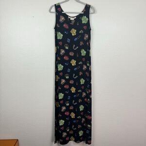 Vintage Loco Lindo Sleeveless Maxi Dress Vacation Tourist Novelty Print Black S